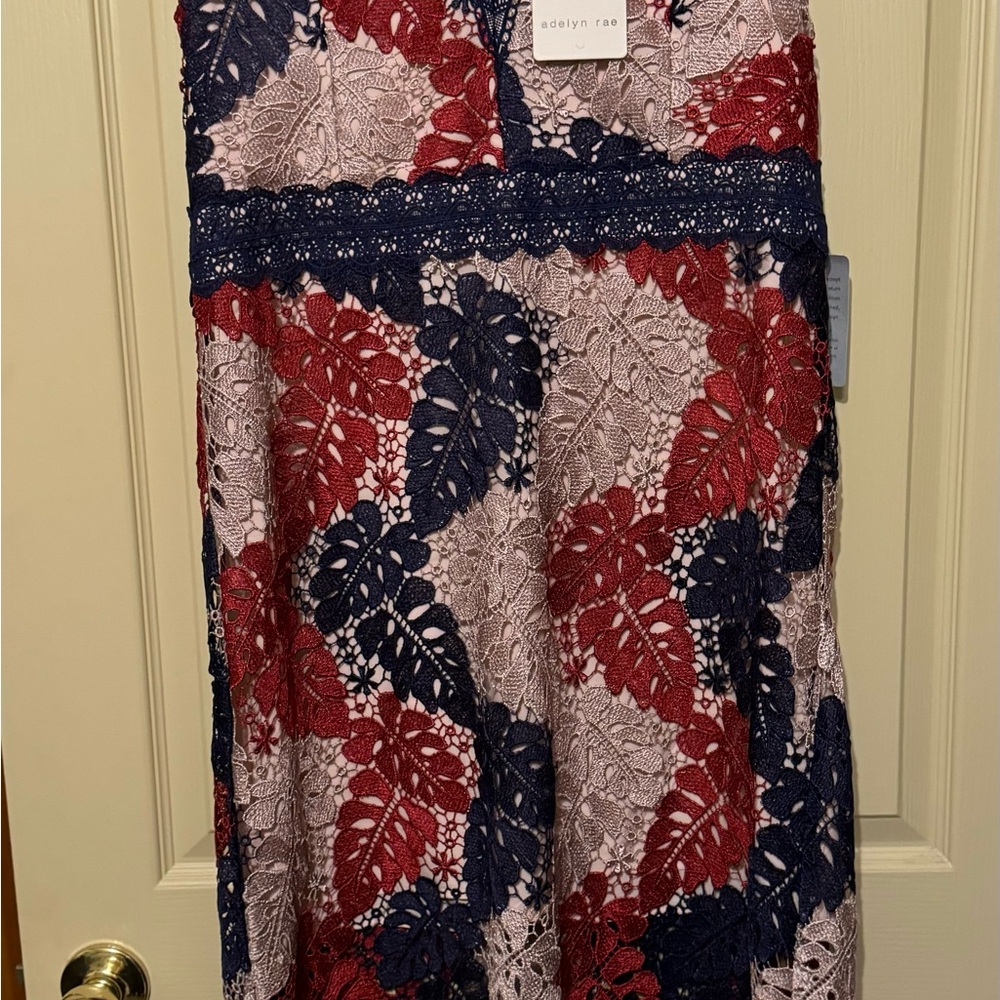 NWT Adelyn Rae Burgundy Navy Taupe Crochet Lace V-Neck Flutter Sleeve Dress S XL